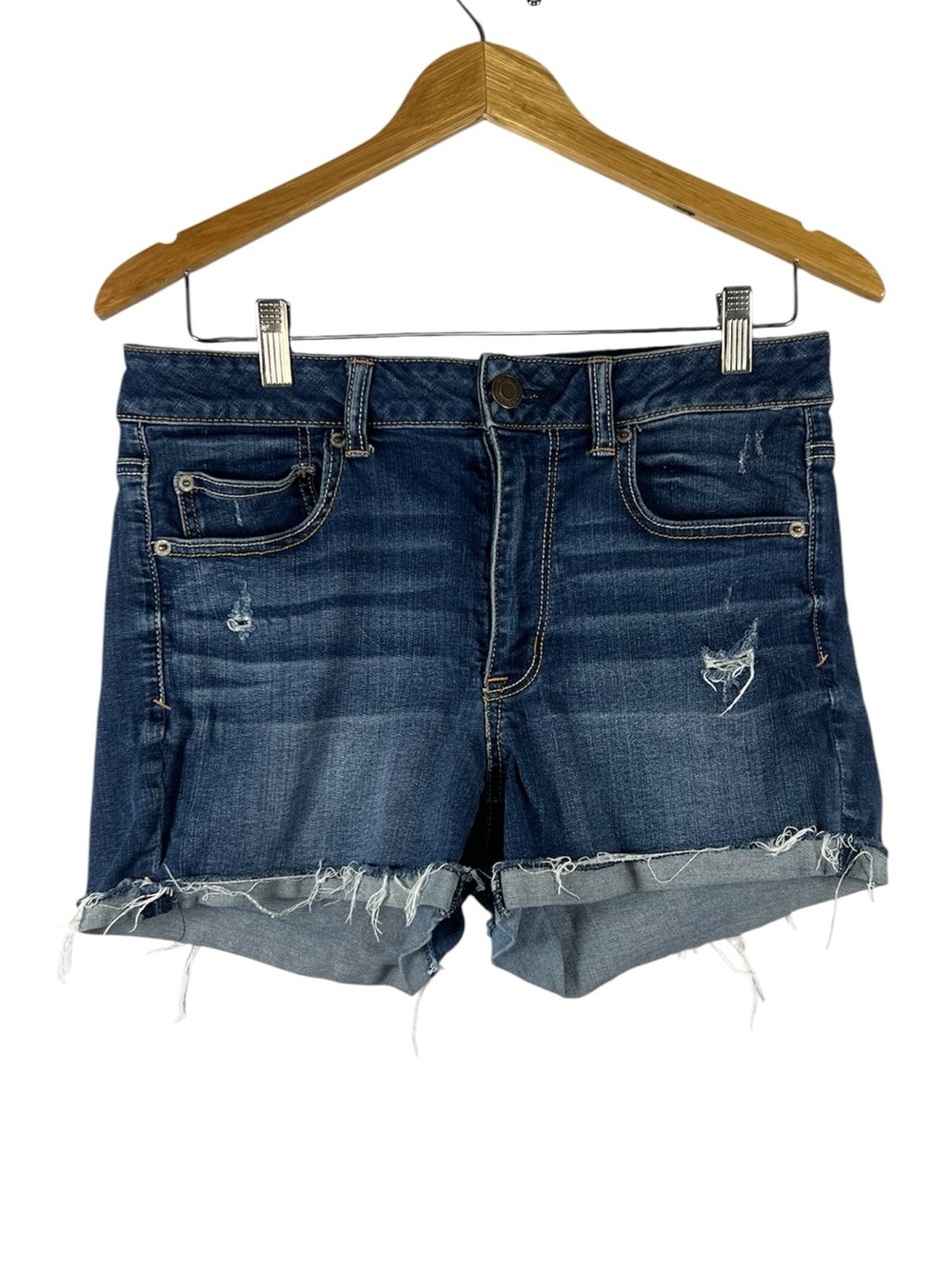 American Eagle Super Super Stretch High Rise Shortie Jean Shorts 12 - Picture 1 of 4
